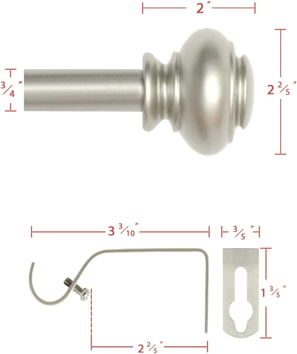 H.VERSAILTEX Window Curtain Rods for Windows 28 to 48 Inches Adjustable Decorative 3/4 Inch Diameter Single Window Curtain Rod Set with Classic Finials, Nickel