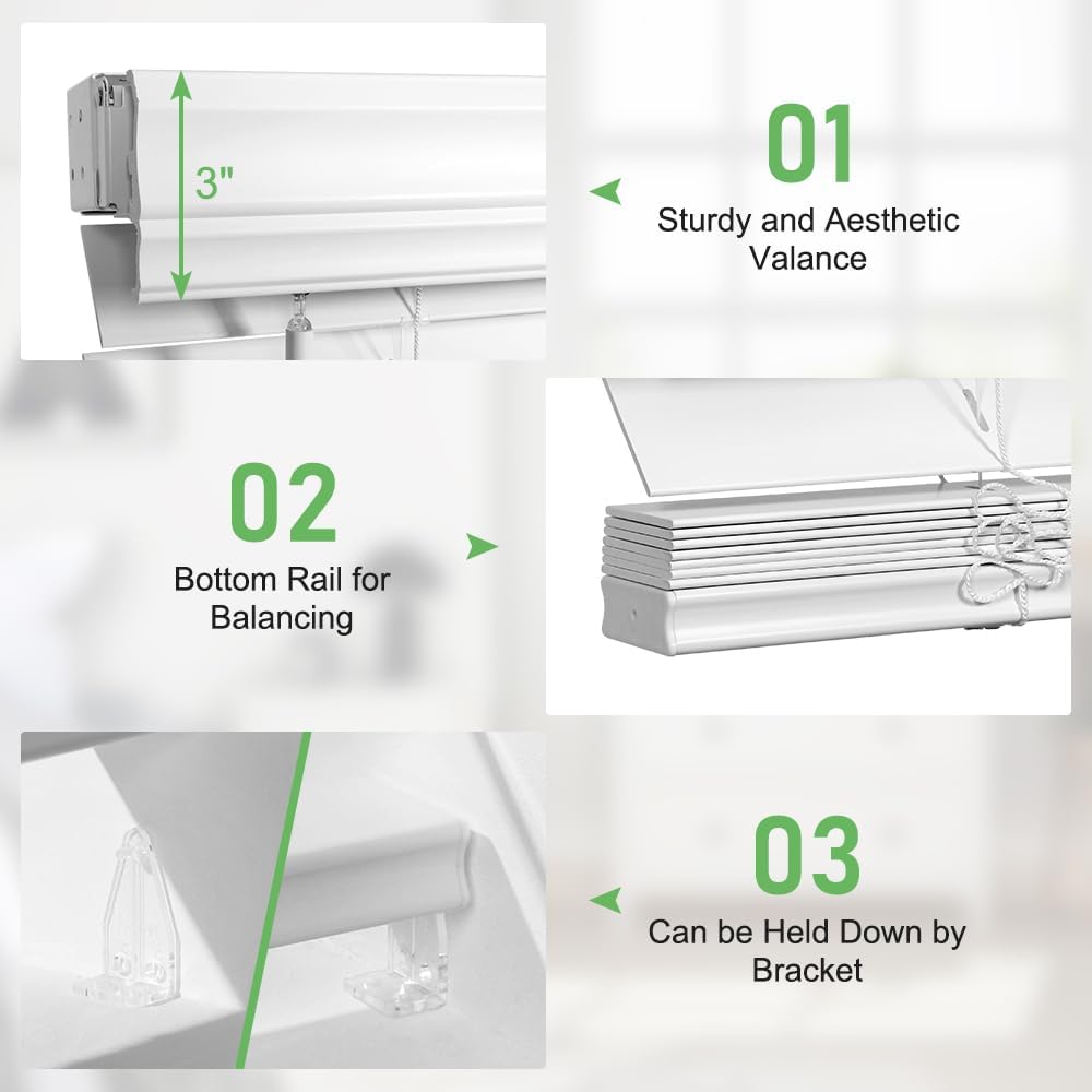 SEEYE 2 Inch Faux Wood Blinds for Indoor Windows with Crown Valance, Cordless Room Darkening Window Blind, 24" W x 60" H, Horizontal Wooden Shades for Bedroom, Kitchen, Office, Doors, White