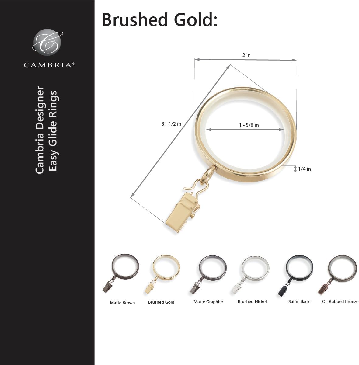 MODE Cambria Designer 1-5/8" Brushed Gold Curtain Rings - 18 Count