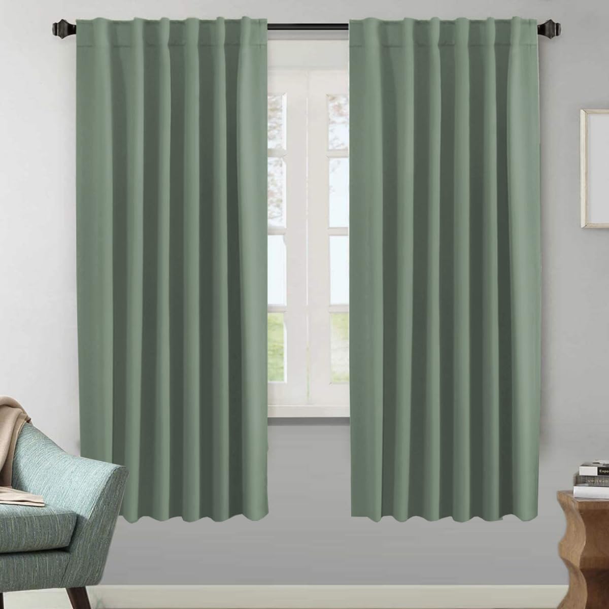 H.VERSAILTEX Blackout Curtains Thermal Insulated Window Treatment Panels Room Darkening Blackout Drapes for Living Room Back Tab/Rod Pocket Bedroom Draperies, 52 x 84 Inch, Light Sage, 2 Panels