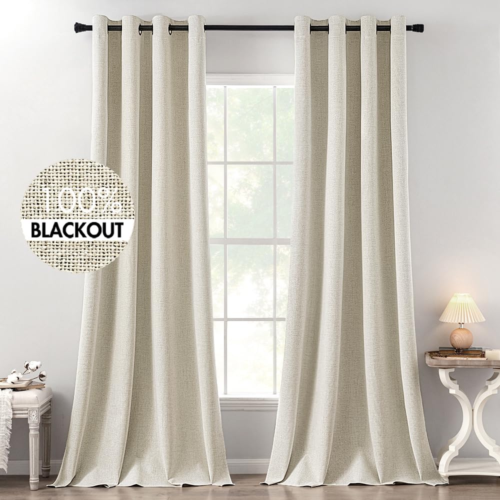 MIULEE 100% Blackout Linen Curtains for Bedroom 52x84 Inches Dusty Blue