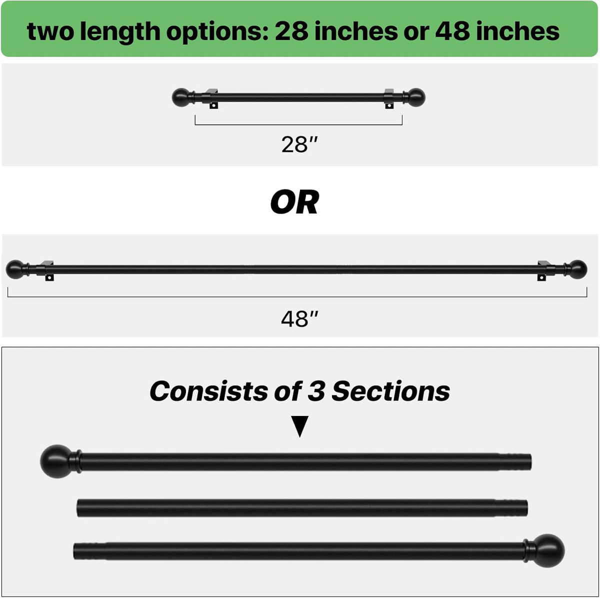 Curtain Rods for Windows 28 to 48 inch, 5/8 inch Black Curtain Rod Set with Brackets, Splicing Adjustable Metal Drapery Rod for Bedroom, Kitchen, Living Room, Matte Black