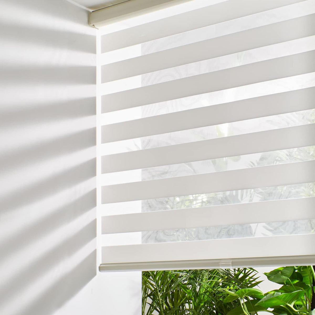 Persilux Cordless Zebra Blinds for Windows Free-Stop Window Blinds (34" W X 64" H, White) Dual Layer Light Control for Day and Night, Light Filtering Sheer Shades for Home, Bedroom, Easy to Install