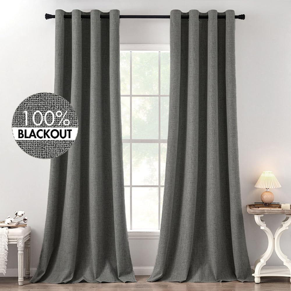 MIULEE 100% Blackout Linen Curtains for Bedroom 52x84 Inches Dusty Blue