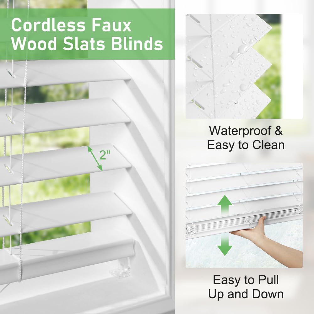 SEEYE 2 Inch Faux Wood Blinds for Indoor Windows with Crown Valance, Cordless Room Darkening Window Blind, 24" W x 60" H, Horizontal Wooden Shades for Bedroom, Kitchen, Office, Doors, White