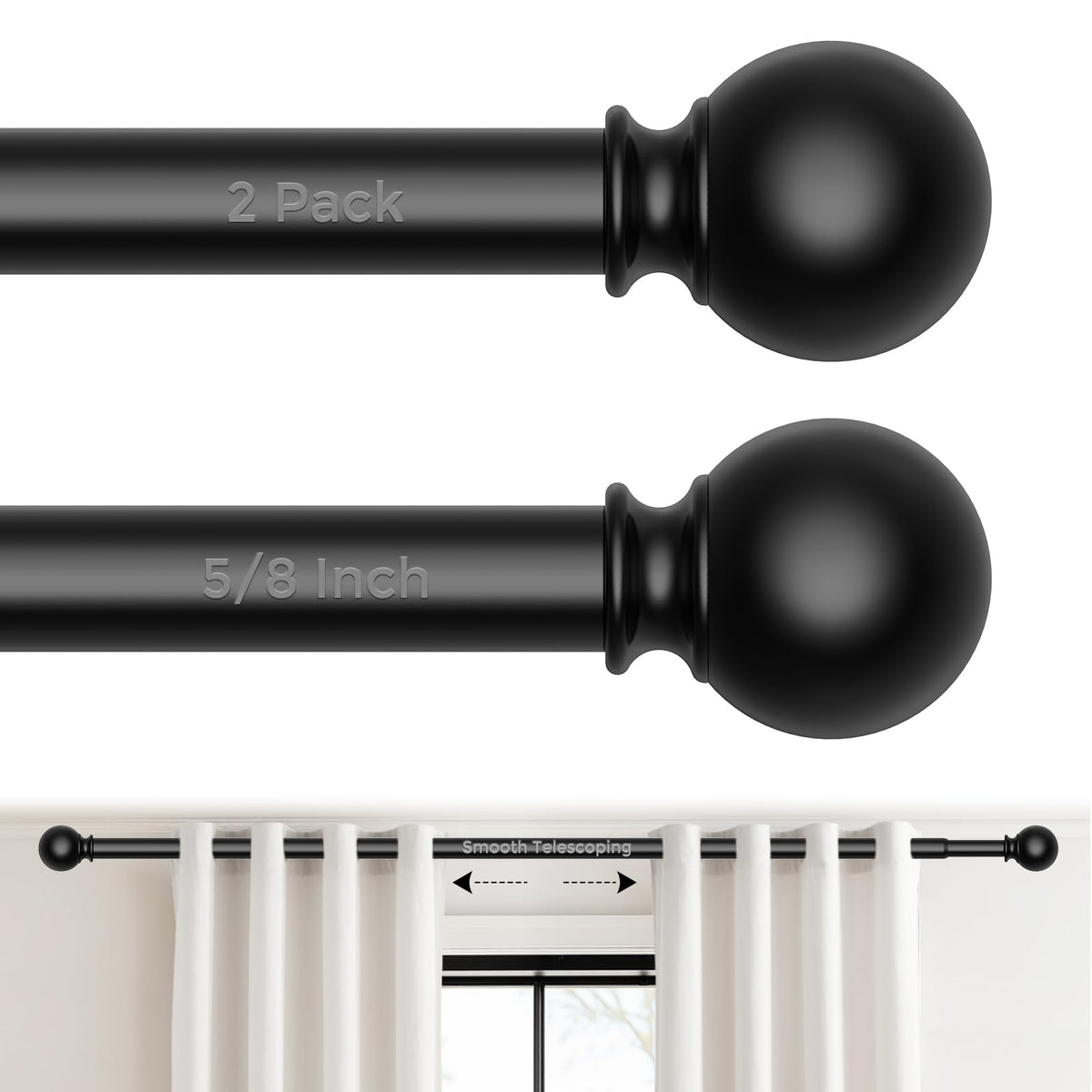 Curtain Rod for Windows 18-45 Inch, Black 5/8 Inch Small Window Treatment Rods, Short Adjustable Splicing Drapery pole, Matte Black