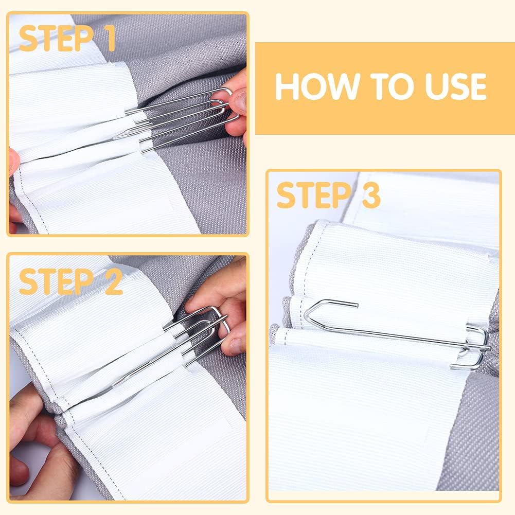 60PCS Stainless Steel Drapery Hook and Pin for Pleated Drapes 4 Prongs Pinch Pleat Clips Traverse Pleater 4 End Curtain Hangers for Window Door Bathroom Curtain