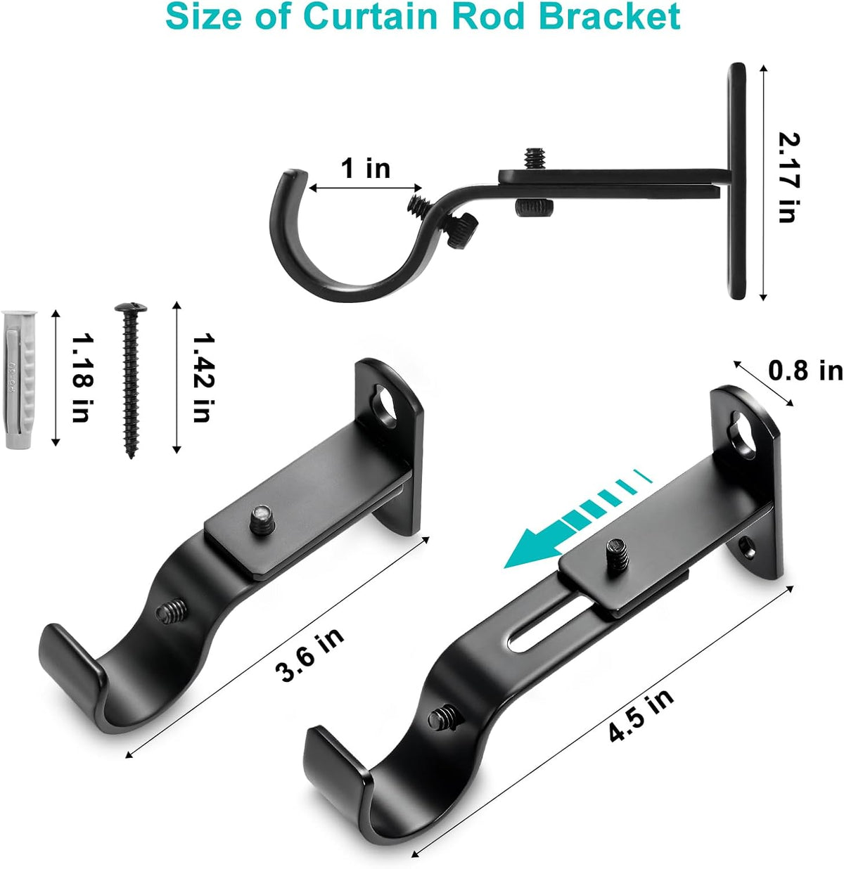 Adjustable Curtain Rod Brackets for 1" Rods, 3 Pack, Black
