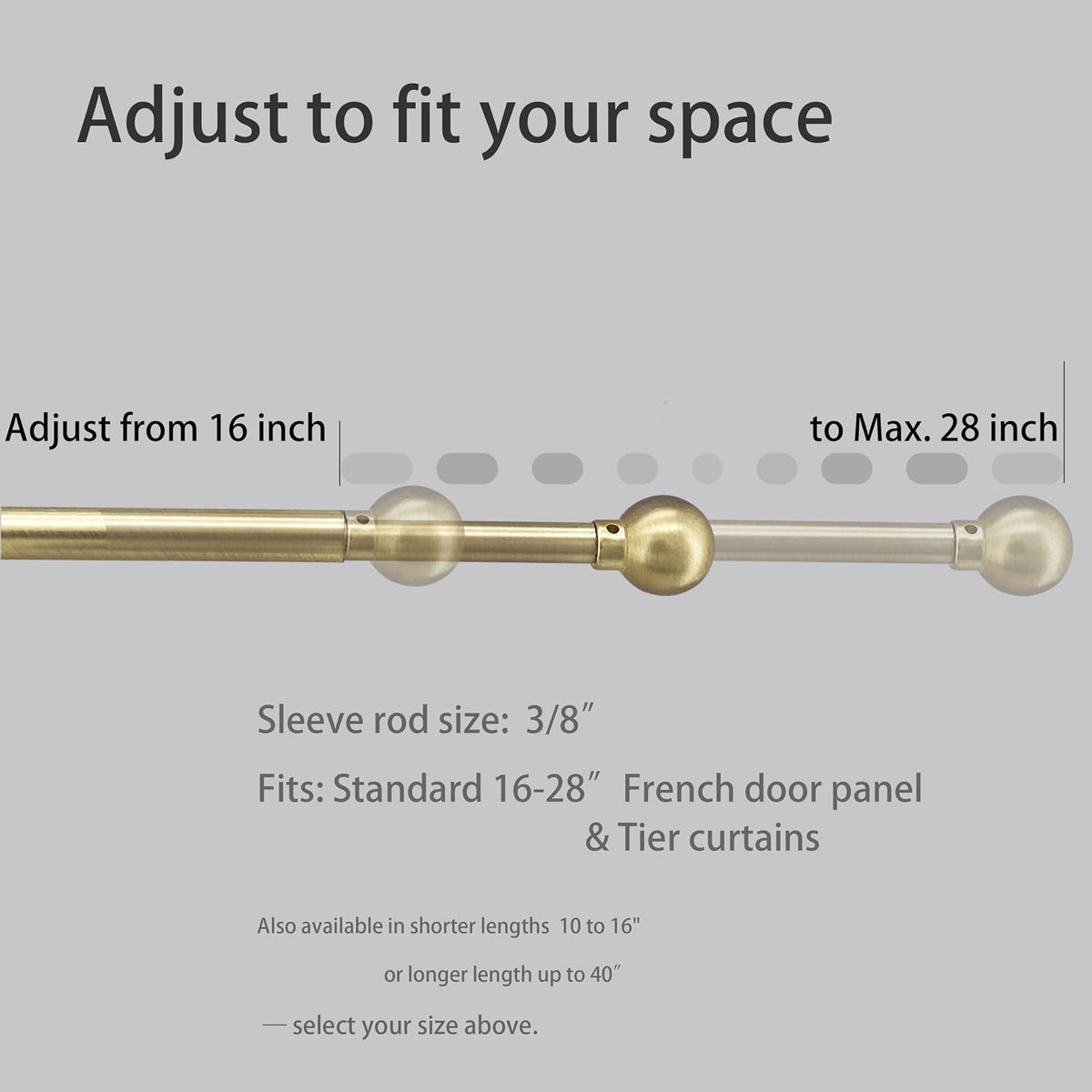ARNORX 3/8" French Door Curtain Rod, 16-28" Adjustable, Brass Brushed