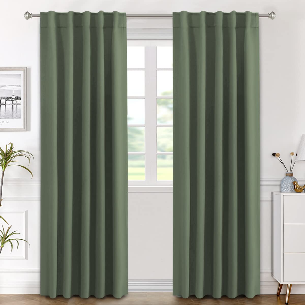 H.VERSAILTEX Blackout Curtains Thermal Insulated Window Treatment Panels Room Darkening Blackout Drapes for Living Room Back Tab/Rod Pocket Bedroom Draperies, 52 x 84 Inch, Light Sage, 2 Panels