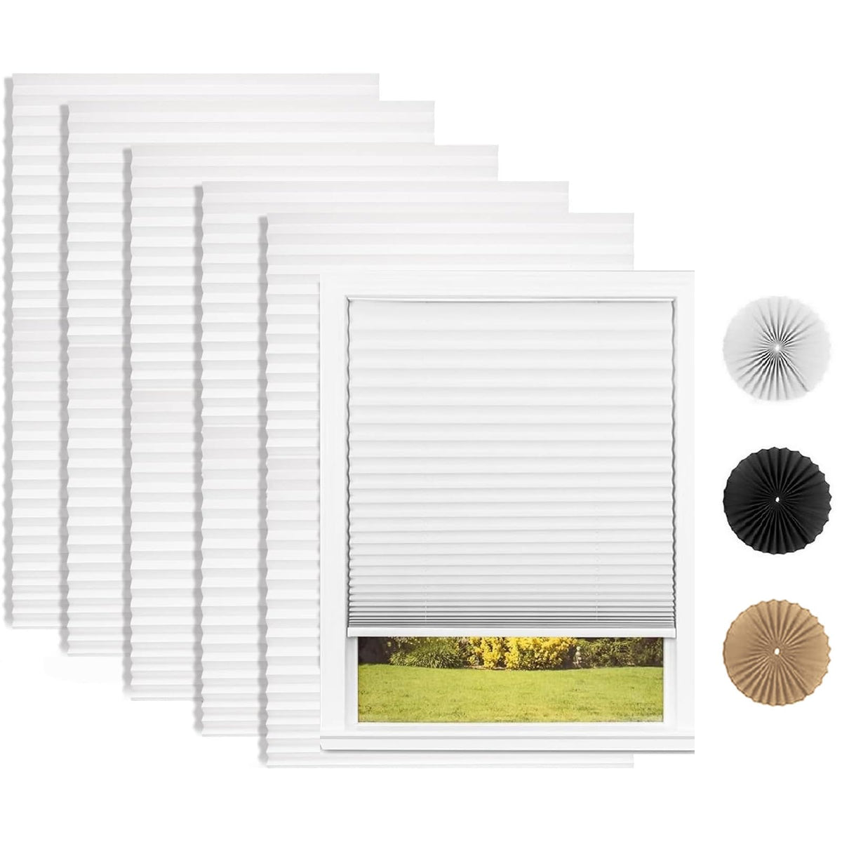 Changshade 6 Pack Temporary Shades,Blackout Pleated Paper Blinds for Indoor Windows Cut to Size Adhesive Paper Shades No Tools No Drilling for Office, Bedroom, Living Room, 36" W x 72" H, Black