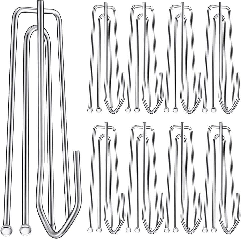 60PCS Stainless Steel Drapery Hook and Pin for Pleated Drapes 4 Prongs Pinch Pleat Clips Traverse Pleater 4 End Curtain Hangers for Window Door Bathroom Curtain