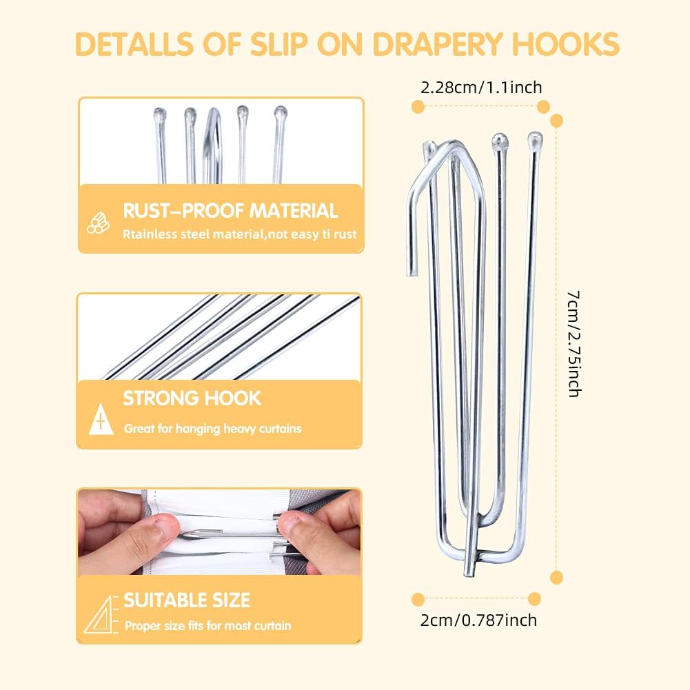 60PCS Stainless Steel Drapery Hook and Pin for Pleated Drapes 4 Prongs Pinch Pleat Clips Traverse Pleater 4 End Curtain Hangers for Window Door Bathroom Curtain