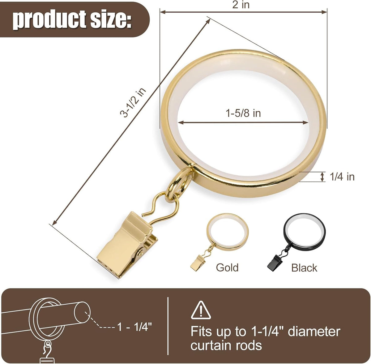 20 Pack Premium Easy Glide Curtain Rings with Clips, Metal Drapery Rings with Silent Nylon Inserts, 2 inch Diameter (1-5/8 inch Inside Diameter) Gold Curtain Rod Clips & Rings for Windows