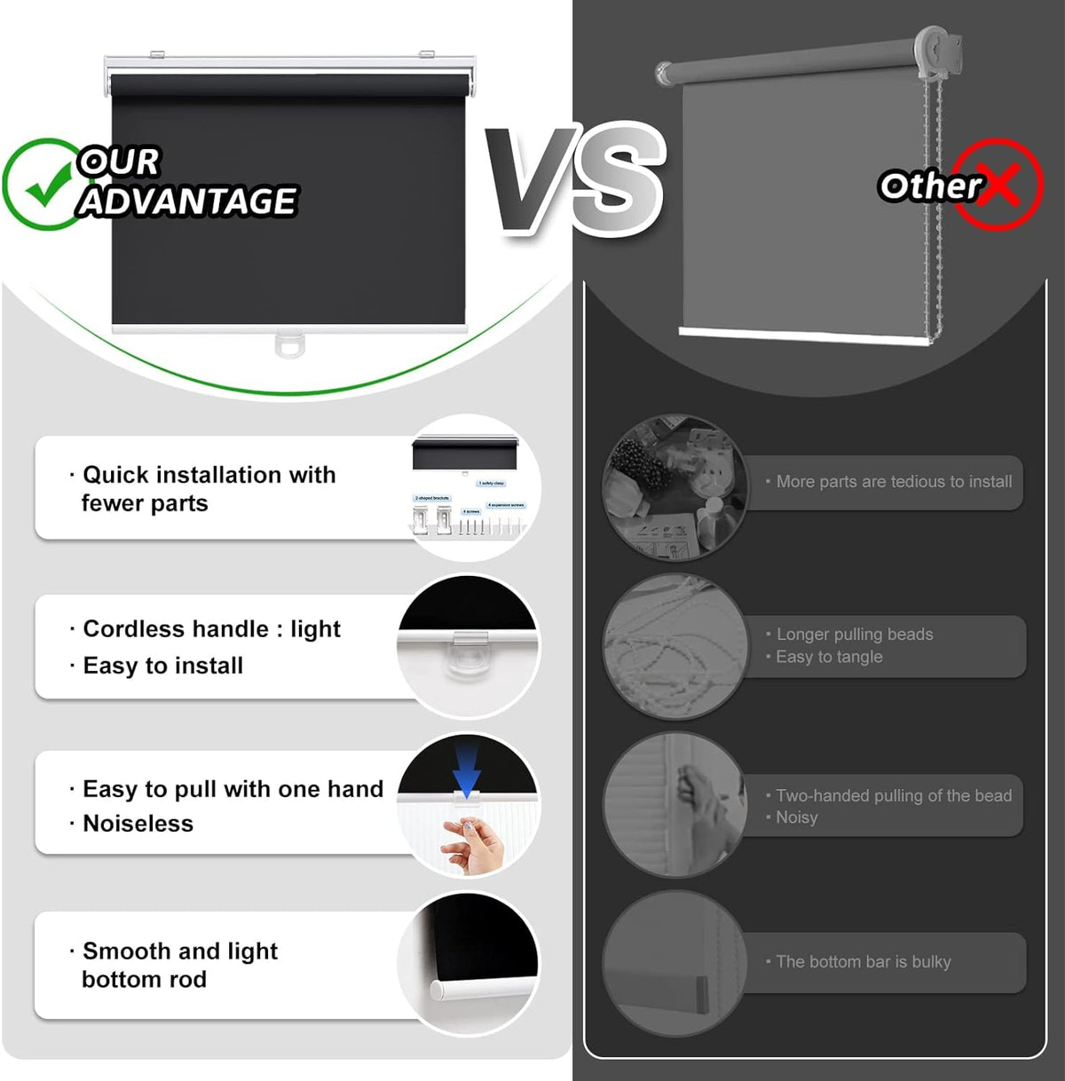 AOSKY Blackout Cordless Roller Shade for Indoor Windows, 23"W x 72"H, Black