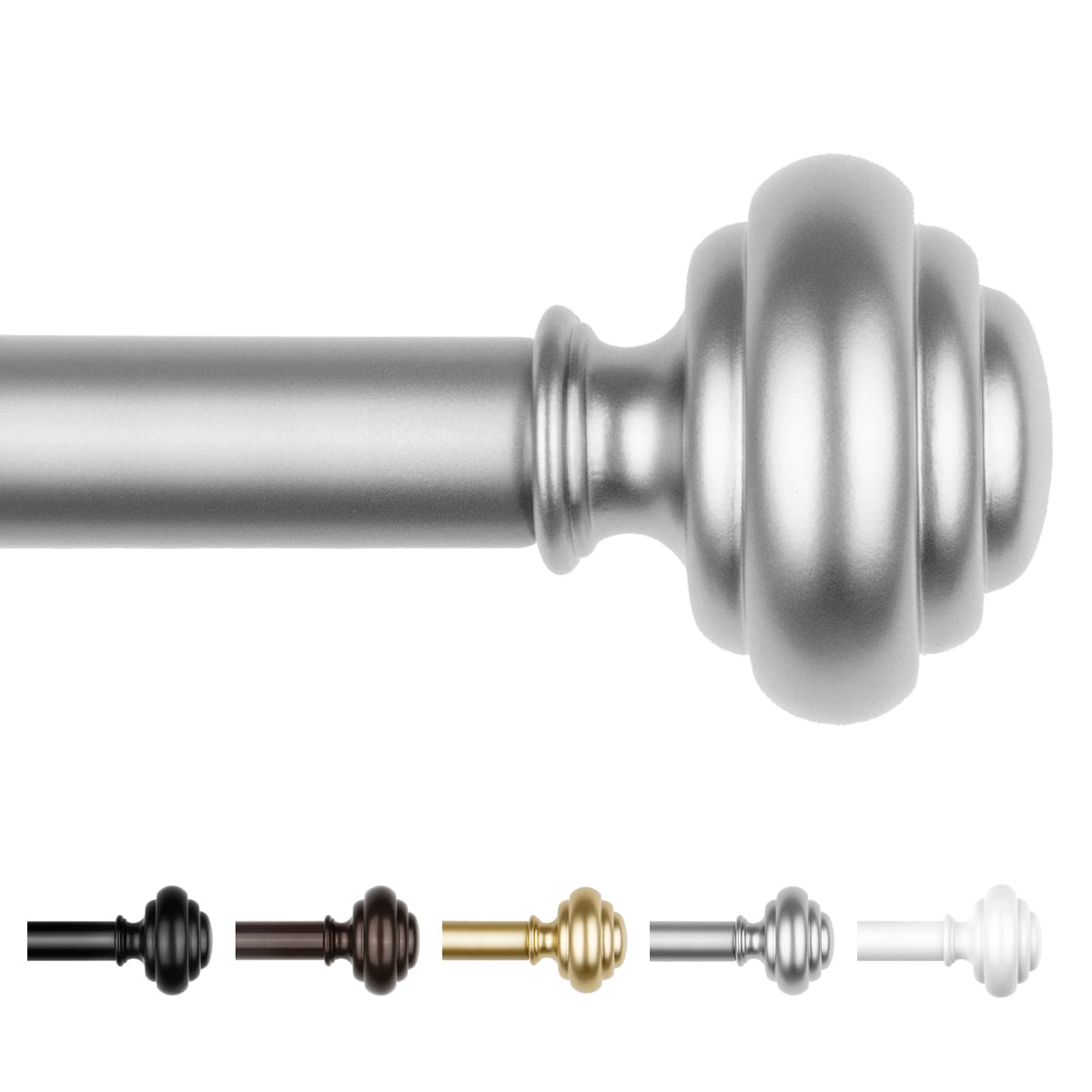 KAMANINA Curtain Rods for Windows 48 to 84 Inches Silver Decorative Finials