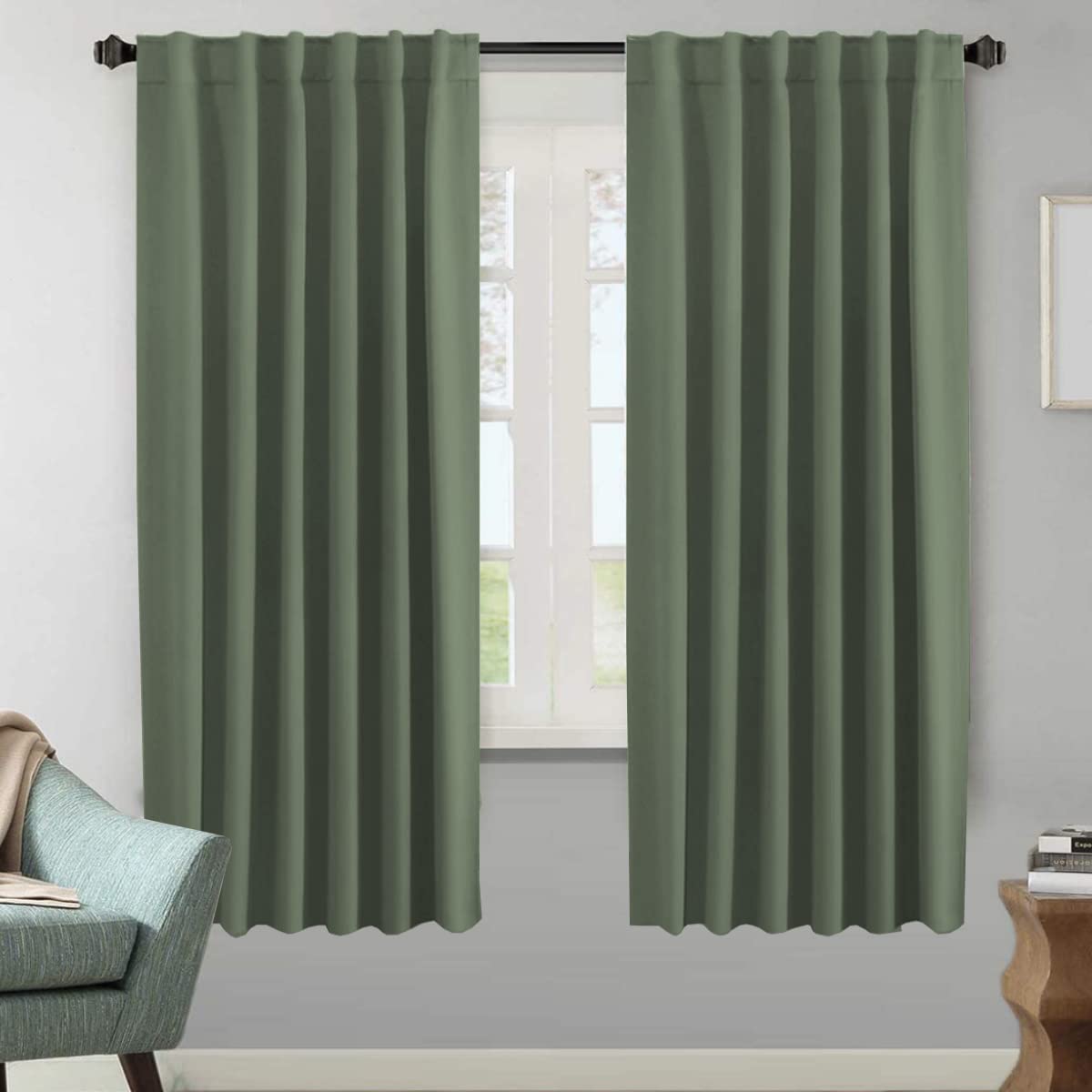 H.VERSAILTEX Blackout Curtains Thermal Insulated Window Treatment Panels Room Darkening Blackout Drapes for Living Room Back Tab/Rod Pocket Bedroom Draperies, 52 x 84 Inch, Light Sage, 2 Panels