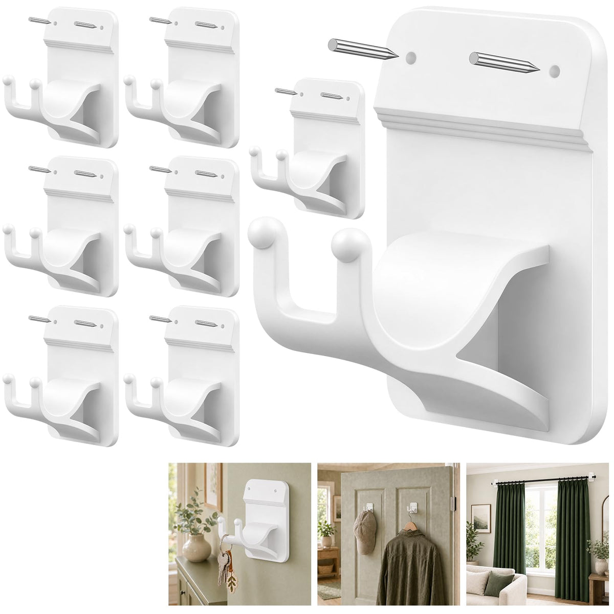 No Drill Curtain Rod Brackets, 8-Pack Adhesive Hooks with Invisible Nails