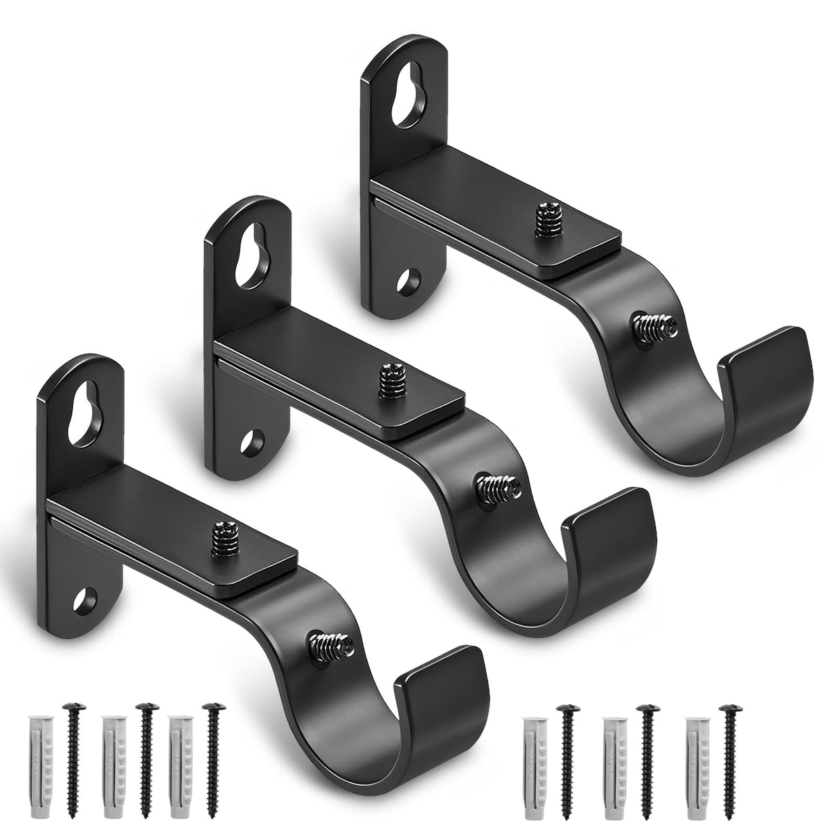 Adjustable Curtain Rod Brackets for 1" Rods, 3 Pack, Black