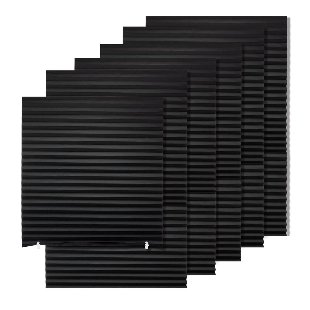 MYshade 6 Pack Temporary Blackout Paper Shades for Windows,Paper Pleated Blinds with Adhesive,No Tools No Drilling Free Cut Size Temporary Room Darkening Shades(Black, 36" W x 72" H)