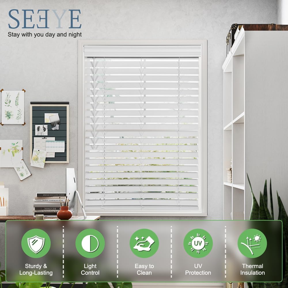 SEEYE 2 Inch Faux Wood Blinds for Indoor Windows with Crown Valance, Cordless Room Darkening Window Blind, 24" W x 60" H, Horizontal Wooden Shades for Bedroom, Kitchen, Office, Doors, White