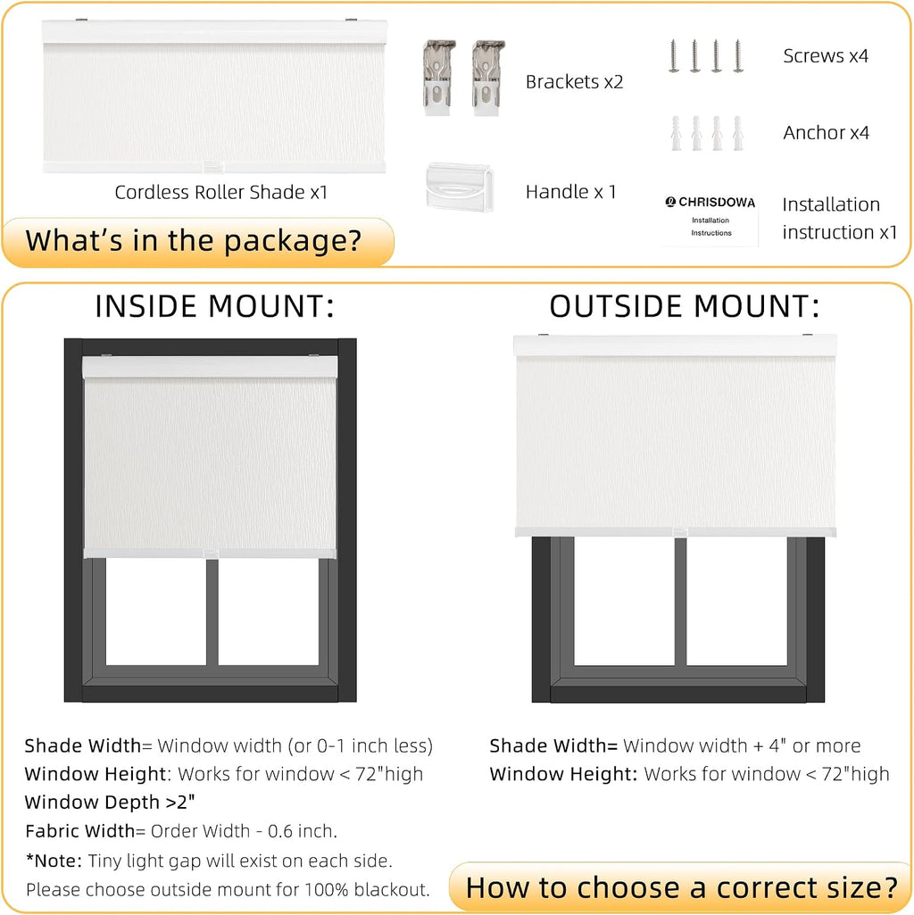 ChrisDowa Blackout Window Shades, Cordless Roller Blinds for Indoor Windows