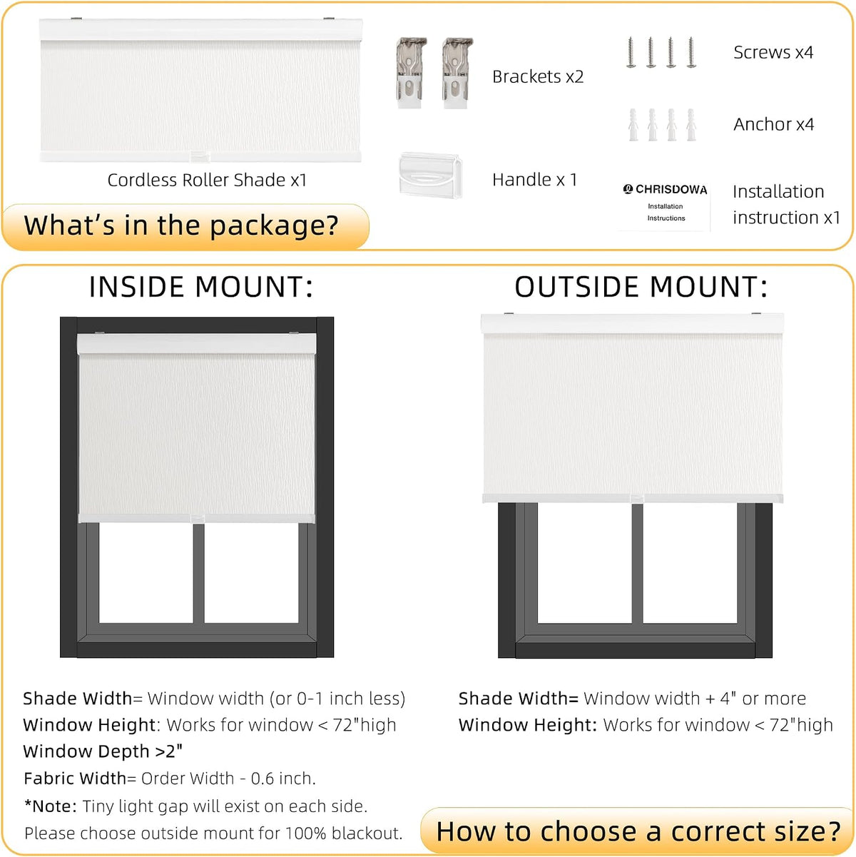 ChrisDowa Blackout Window Shades, Cordless Roller Blinds for Indoor Windows