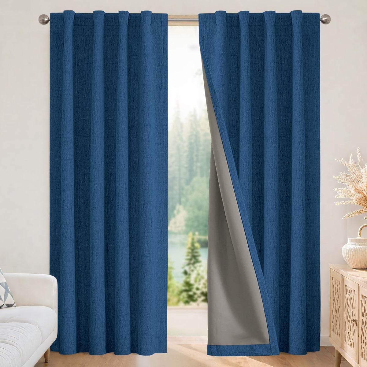 Joydeco Blackout Curtains for Bedroom - 84 Inch Long 100% Light Blocking 2 Panels Light Beige Drapes, Thermal Insulated Room Darkening Curtains, Linen Textured for Living Room, Rod Pocket & Back Tabs