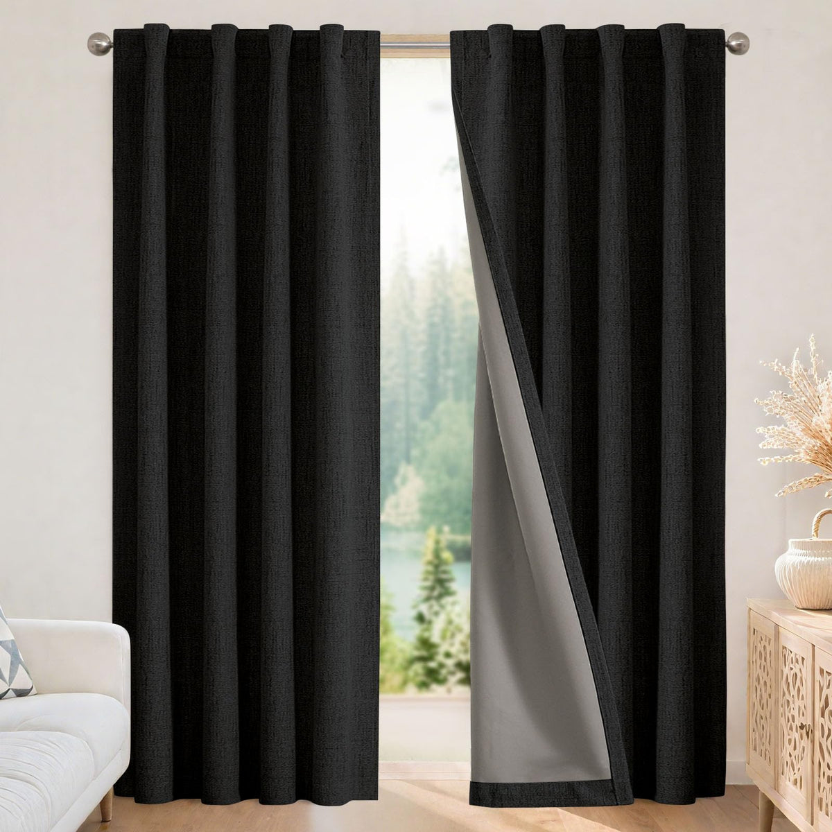 Joydeco Blackout Curtains for Bedroom - 84 Inch Long 100% Light Blocking 2 Panels Light Beige Drapes, Thermal Insulated Room Darkening Curtains, Linen Textured for Living Room, Rod Pocket & Back Tabs