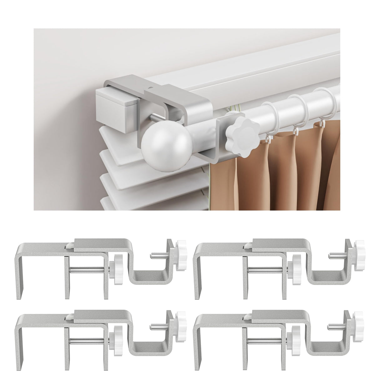 Over-Blinds Curtain Rod Brackets for Outside-Mounted Blinds, Blinds Curtain Rod Brackets for 1.3–2” Rectangular Headrails, Tool-Free No-Drill Installation for Apartments, Rentals Set of 2 (Black)