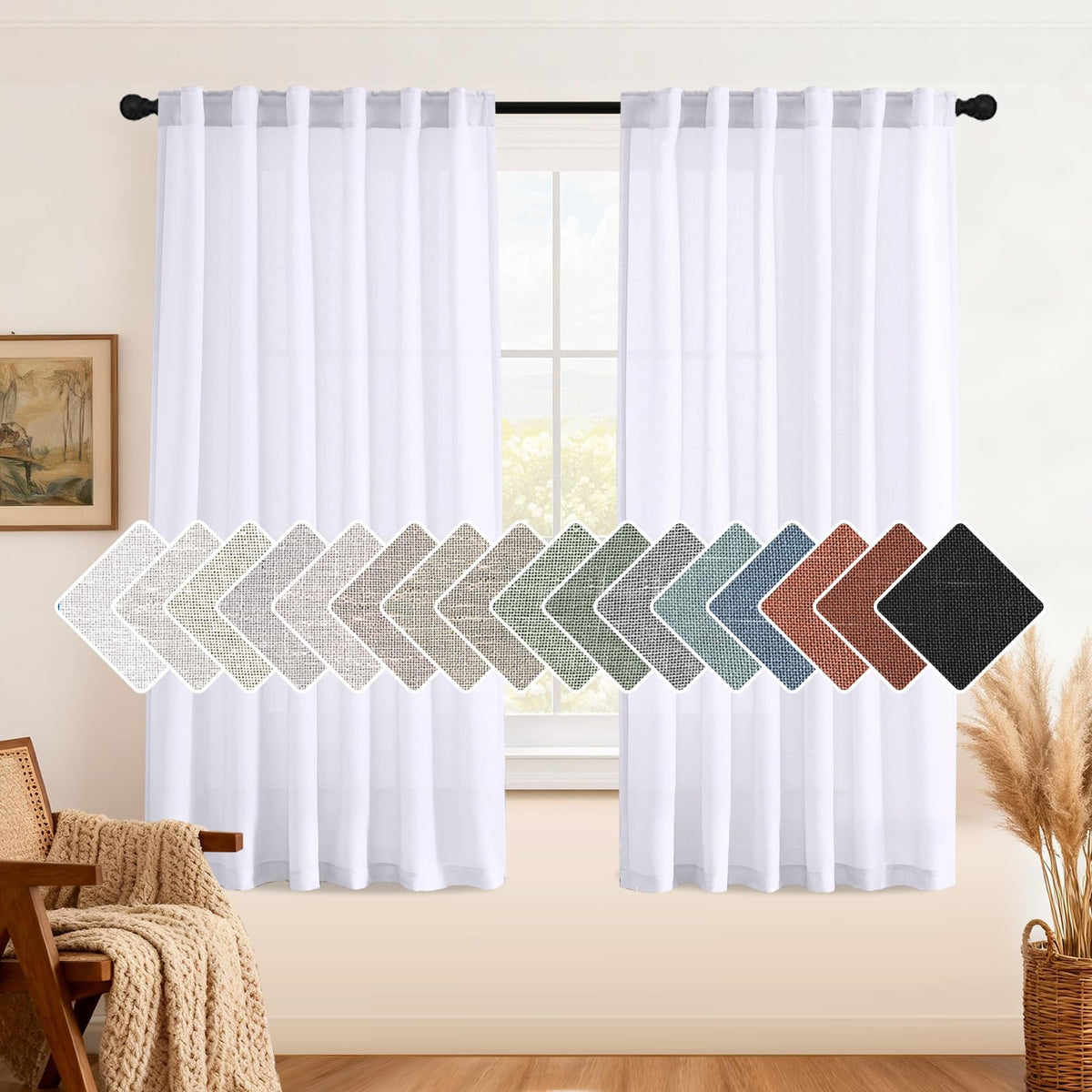 H.VERSAILTEX Natural Linen Grommet Curtains 84 Inch Length for Living Room 2 Panel Drape Semi Sheer Neutral Country Rustic Farmhouse Boho Curtain Bedroom Muslin Look Light Filtering, Heathered Natural
