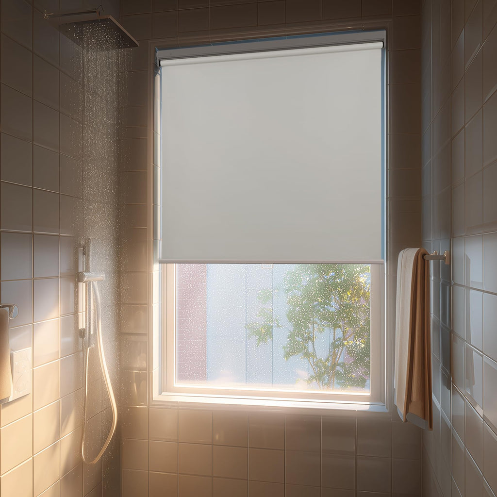 HESTIA No Drill Cordless Blackout Roller Shades Screwless Waterproof Shower Window Blinds, Auto-Retraction Easy Install Blind for Bathroom/Kitchen/Office/Exterior, White, 21" W x 54" H