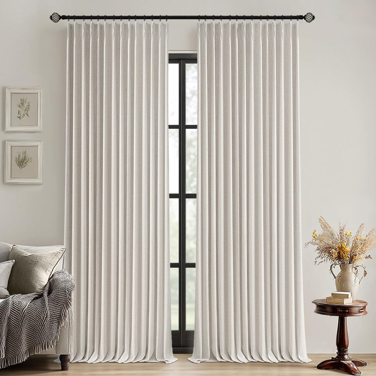 MIULEE Olive Green Pinch Pleated 100% Blackout Linen Curtains 40x108 Inches