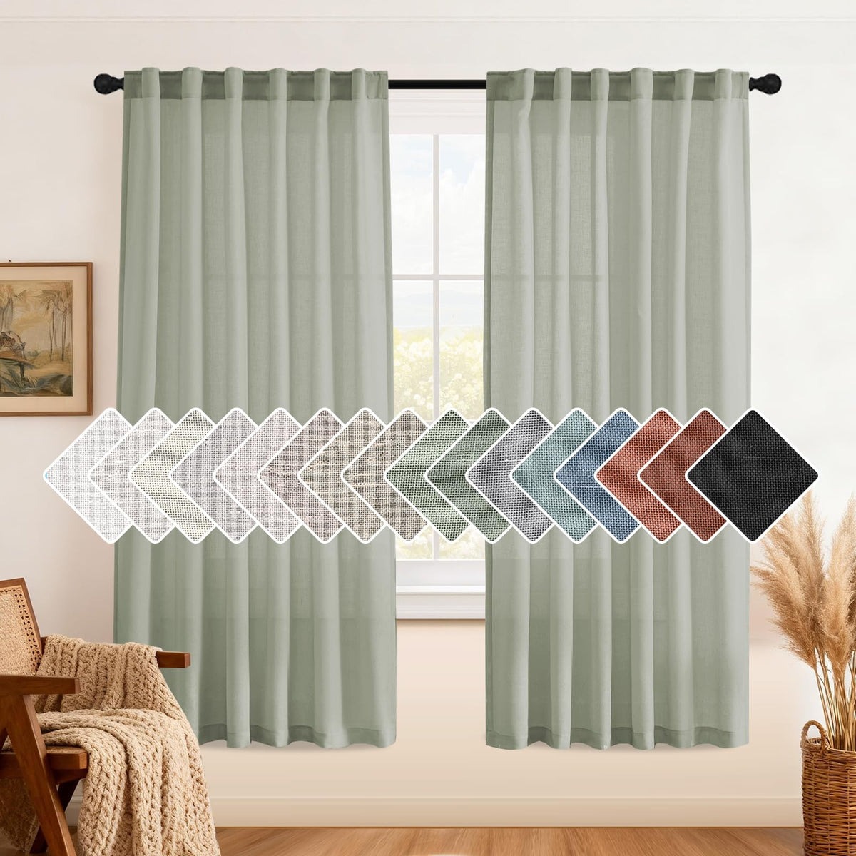 H.VERSAILTEX Natural Linen Grommet Curtains 84 Inch Length for Living Room 2 Panel Drape Semi Sheer Neutral Country Rustic Farmhouse Boho Curtain Bedroom Muslin Look Light Filtering, Heathered Natural