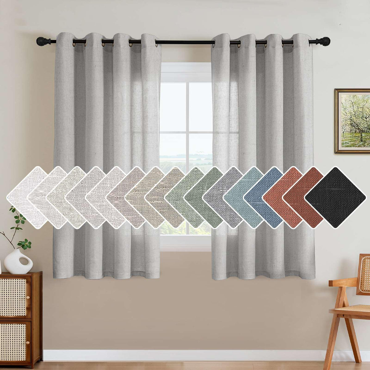 H.VERSAILTEX Natural Linen Grommet Curtains 84 Inch Length for Living Room 2 Panel Drape Semi Sheer Neutral Country Rustic Farmhouse Boho Curtain Bedroom Muslin Look Light Filtering, Heathered Natural