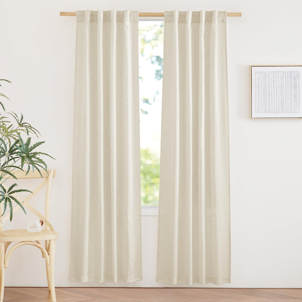 NICETOWN Flax Sheer Linen Curtains for Living Room 95 inch Long 2 Panels, Rod Pocket & Back Tab Semi Sheer Drapes Privacy Added with Light Filtering for Bedroom/Living Room, Natural, W55 x L95