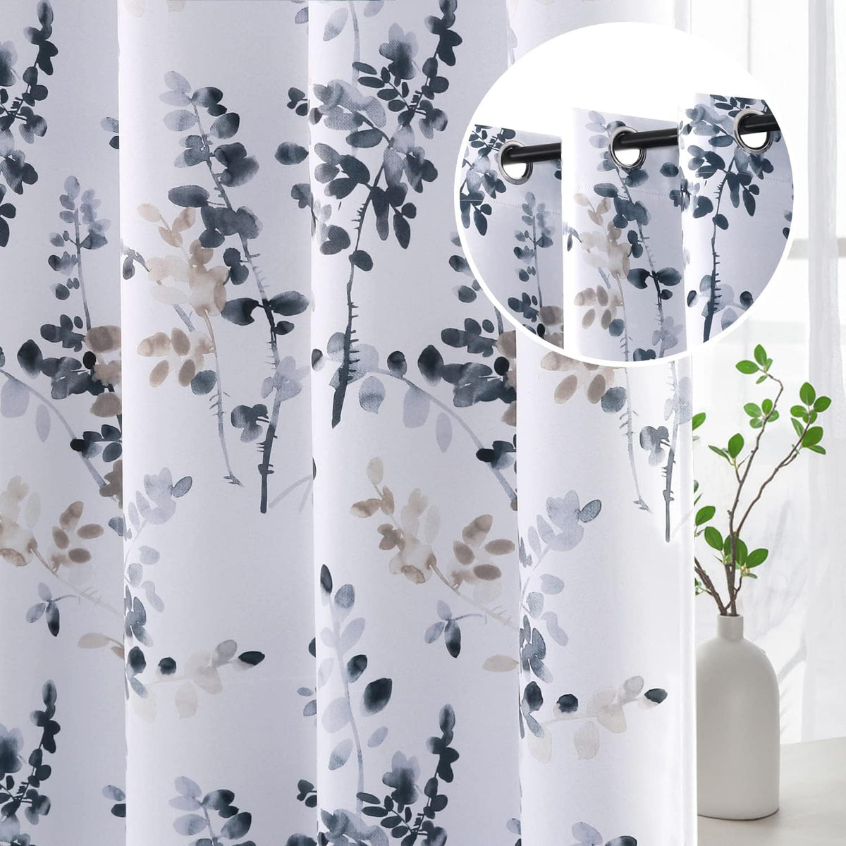 H.VERSAILTEX Blackout Floral Curtains 84”L for Living Room, Bluestone/Taupe