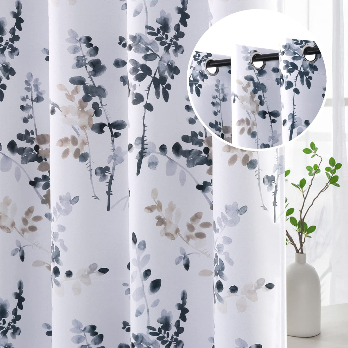 H.VERSAILTEX Blackout Floral Curtains 84”L for Living Room, Bluestone/Taupe