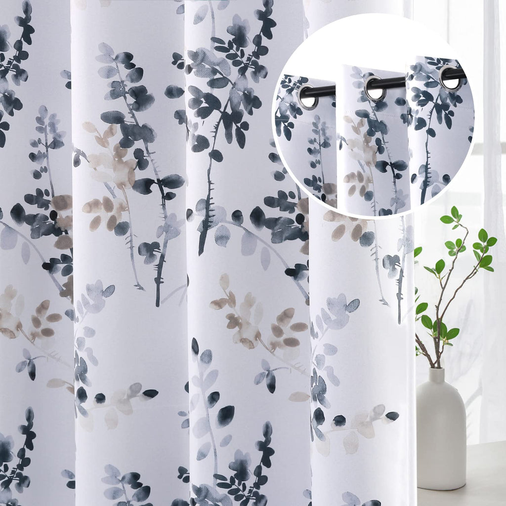 H.VERSAILTEX Blackout Floral Curtains 84”L for Living Room, Bluestone/Taupe