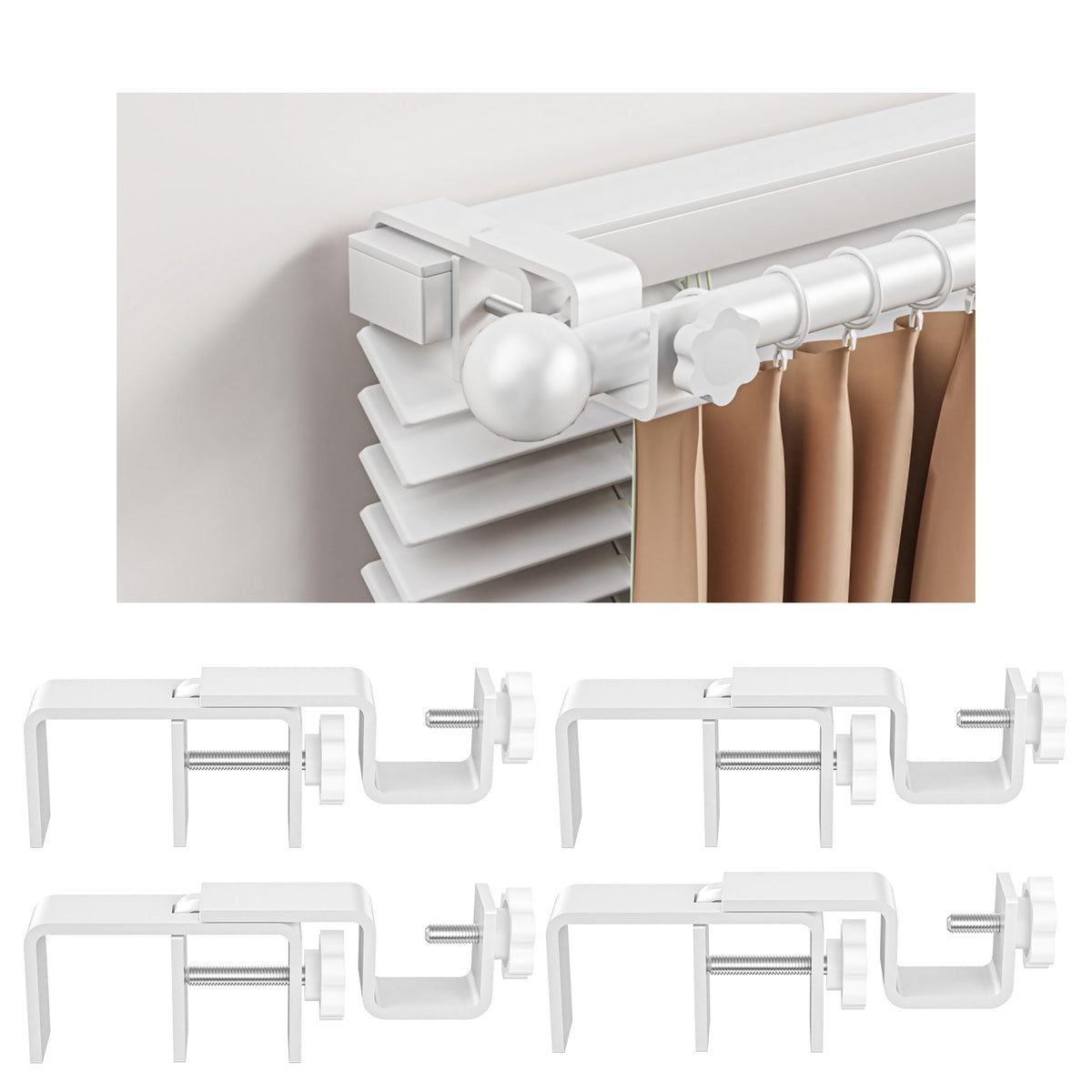 Over-Blinds Curtain Rod Brackets for Outside-Mounted Blinds, Blinds Curtain Rod Brackets for 1.3–2” Rectangular Headrails, Tool-Free No-Drill Installation for Apartments, Rentals Set of 2 (Black)