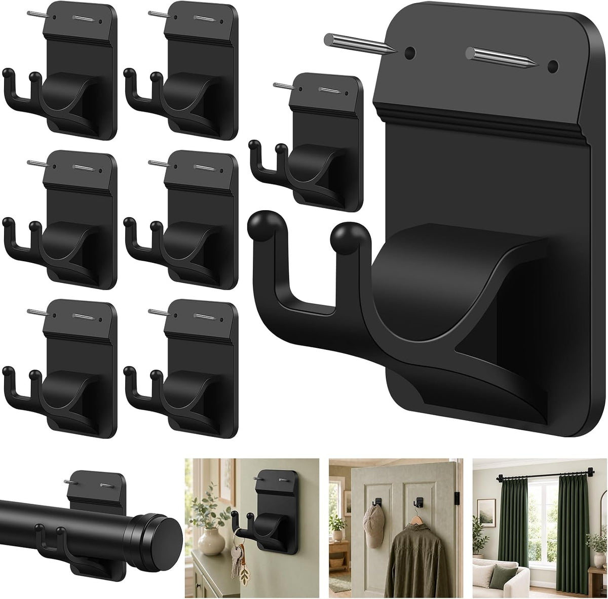 No Drill Curtain Rod Brackets, 8-Pack Adhesive Hooks with Invisible Nails