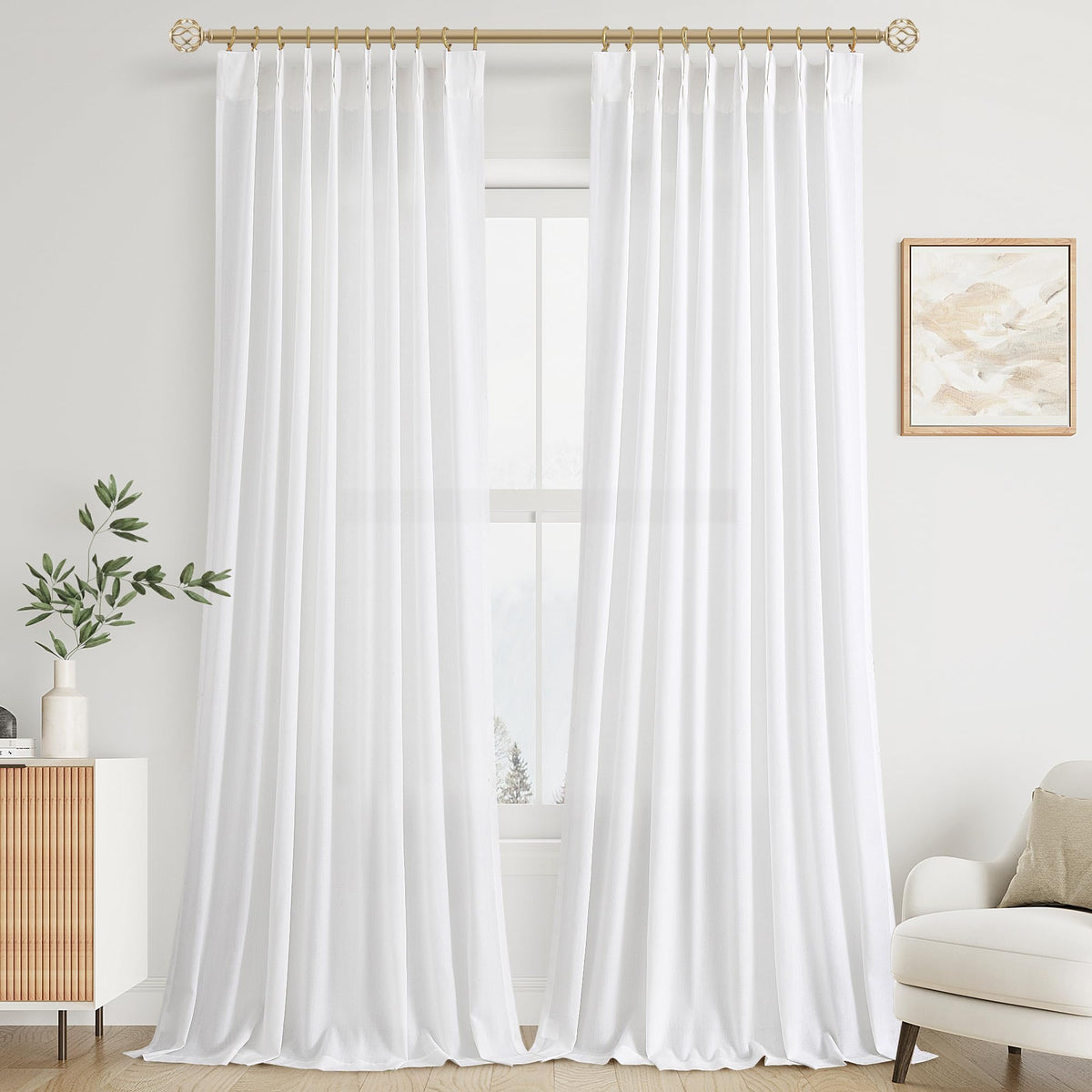 Aersas Linen Pinch Pleated Curtains 84 Inch Length 2 Panels Set for Living Room Cream Semi Sheer Window Curtain for Bedroom Boho Farmhouse Neutral Back Tab Drape Decor with Hooks, Natural Beige Ivory