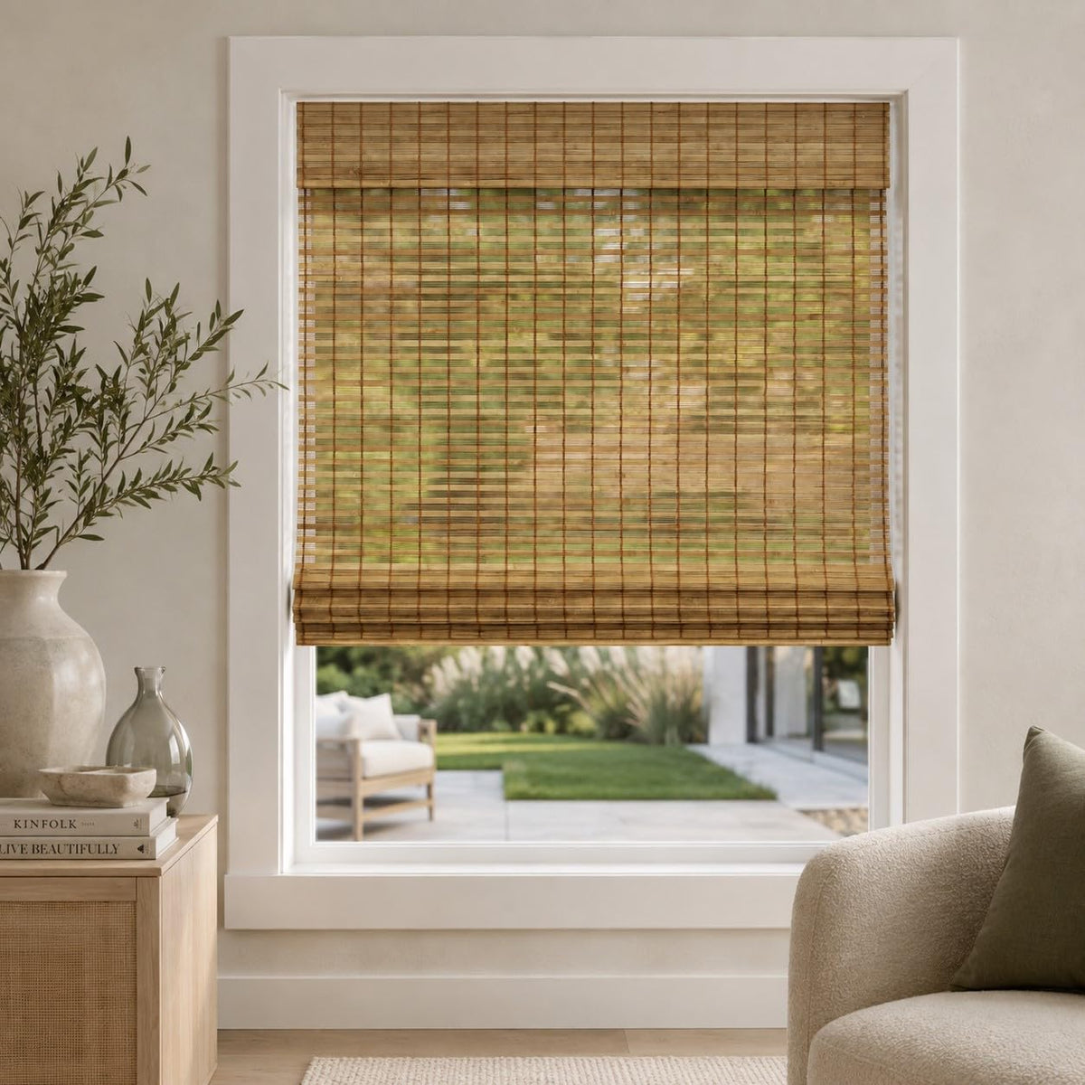 CHICOLOGY Cordless Bamboo Roman Shade, Light Filtering, Squirrel 36"x64"