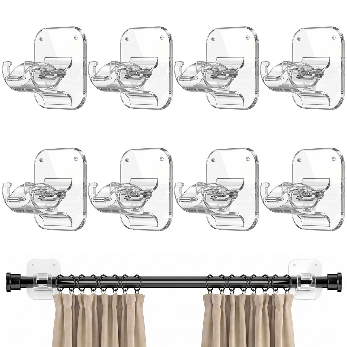 JHCJHC No Drill Curtain Rod Brackets-20LB,4 Pcs Adhesive Curtain Rod Holder