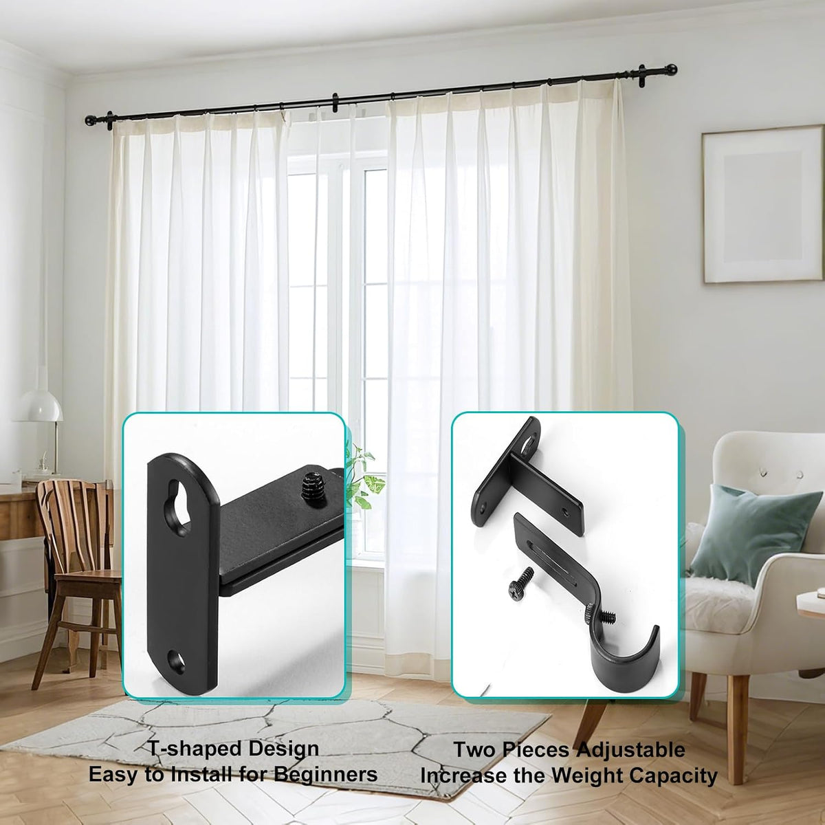 Adjustable Curtain Rod Brackets for 1" Rods, 3 Pack, Black