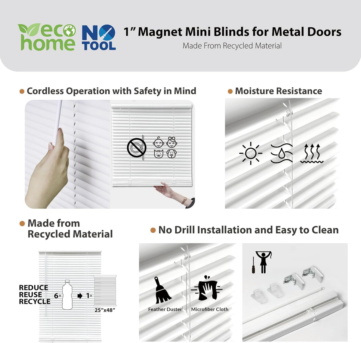 DEZ FURNISHINGS Cordless No Tools 1" Magnet Mini Blinds for Metal Doors, Room Darkening, 25" W x 42" H, White