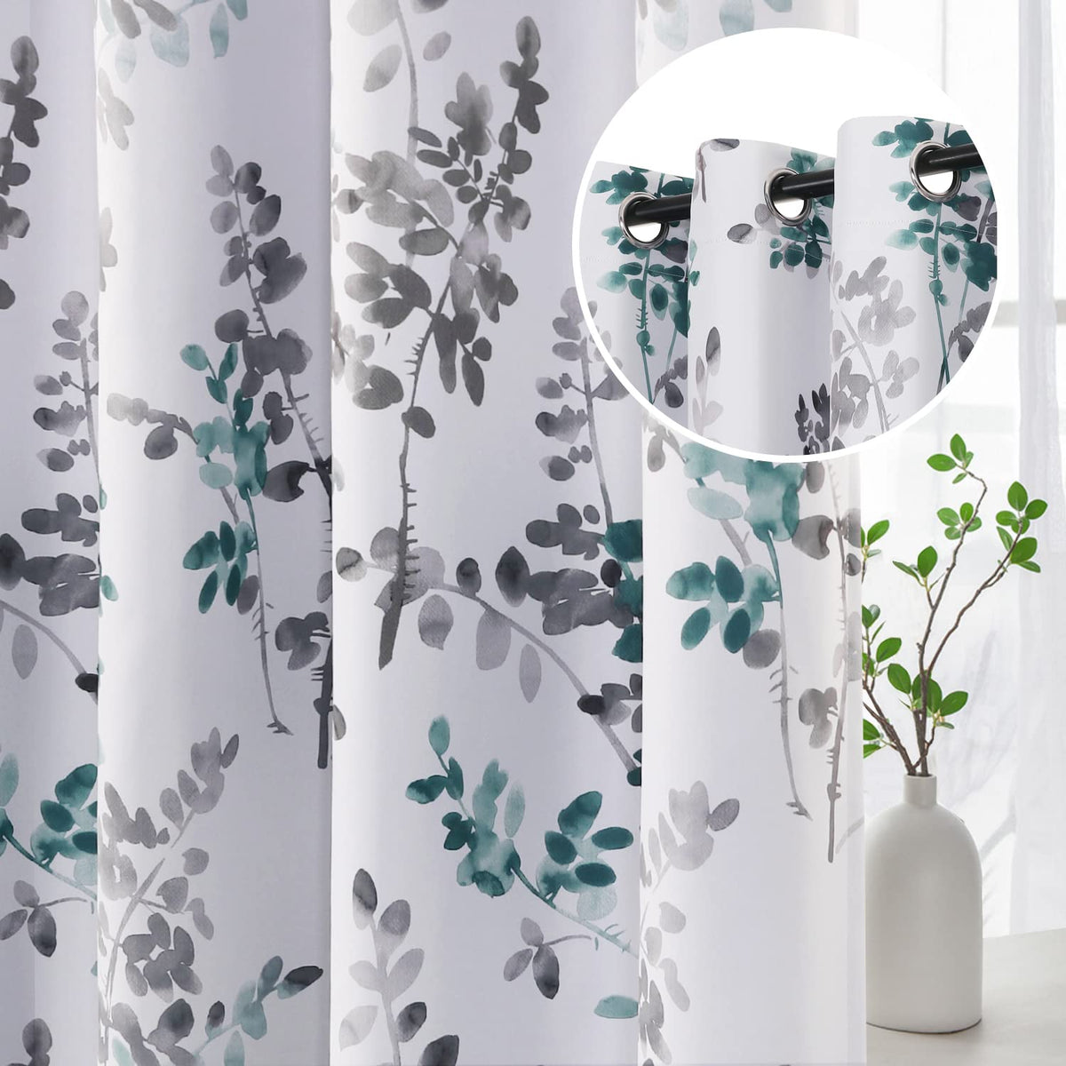H.VERSAILTEX Blackout Floral Curtains 84”L for Living Room, Bluestone/Taupe