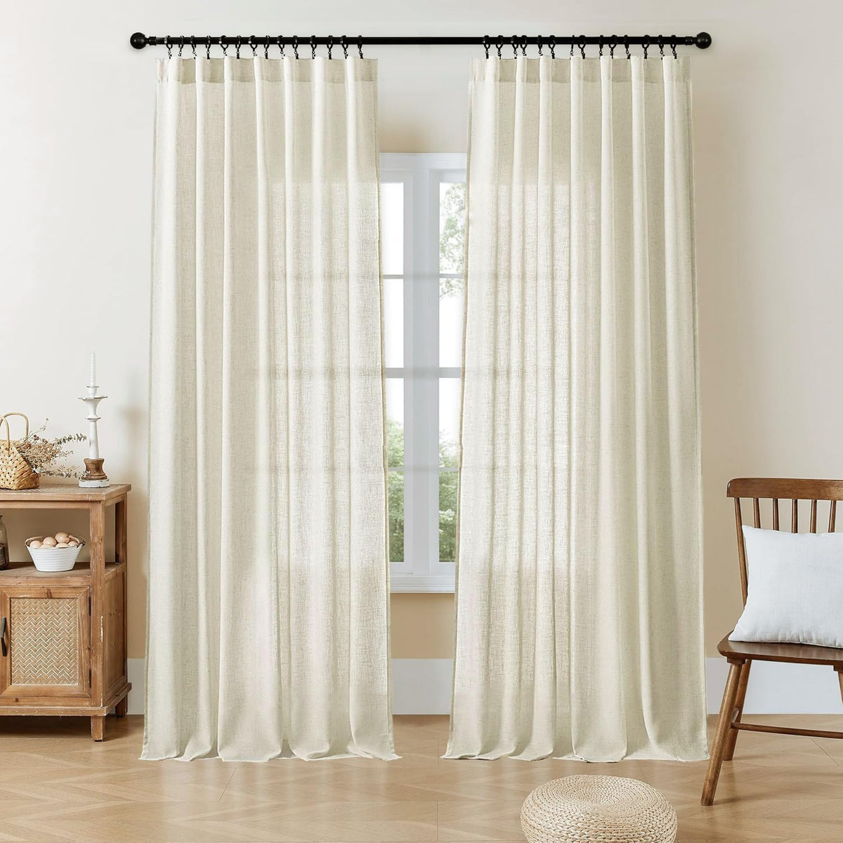 Joydeco Linen Curtains 84 Inch Length 2 Panels,Light Filtering Drapes 52 Inches Wide with Back Tab Rod Pockets (84" L x 52" W, Ivory on Linen)