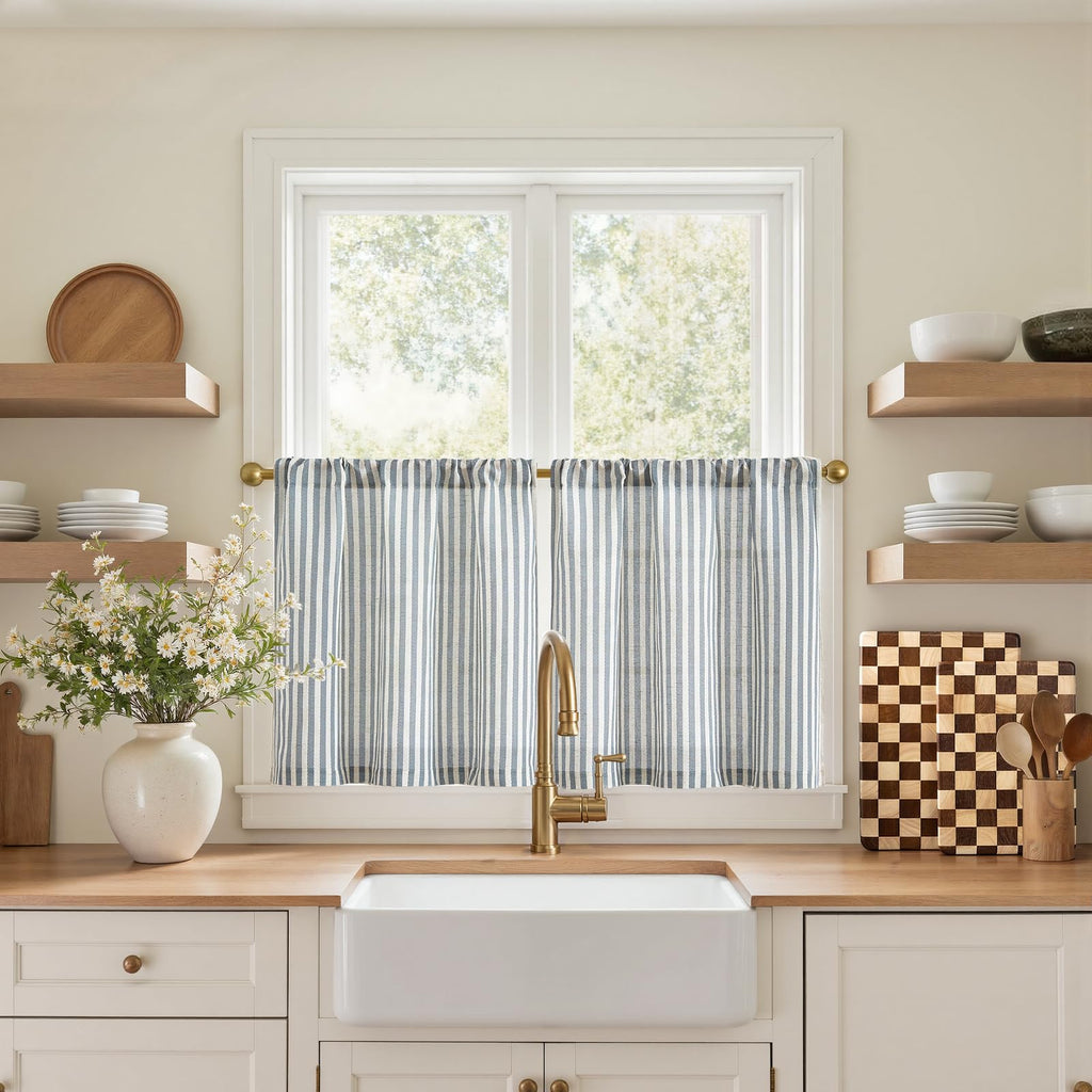 jinchan Striped Linen Kitchen Curtains 36 Inches Length Tier Curtains Farmhouse Modern Cafe Style Small Window Treatments Airy Light Filtering Rod Pocket for Living Room Bathroom 2 Panels Sage Green