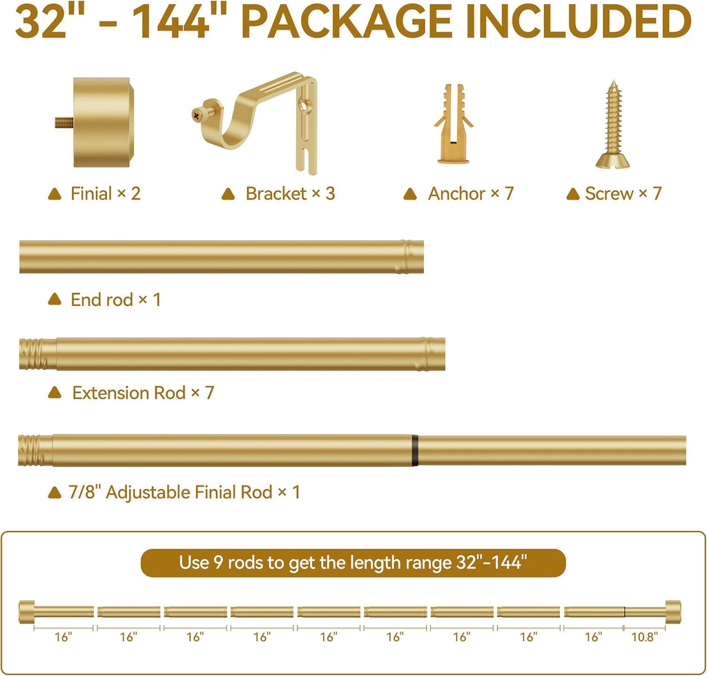 YaFex Gold Curtain Rod 32-144 Inch, Heavy Duty Adjustable 1 Inch Diameter